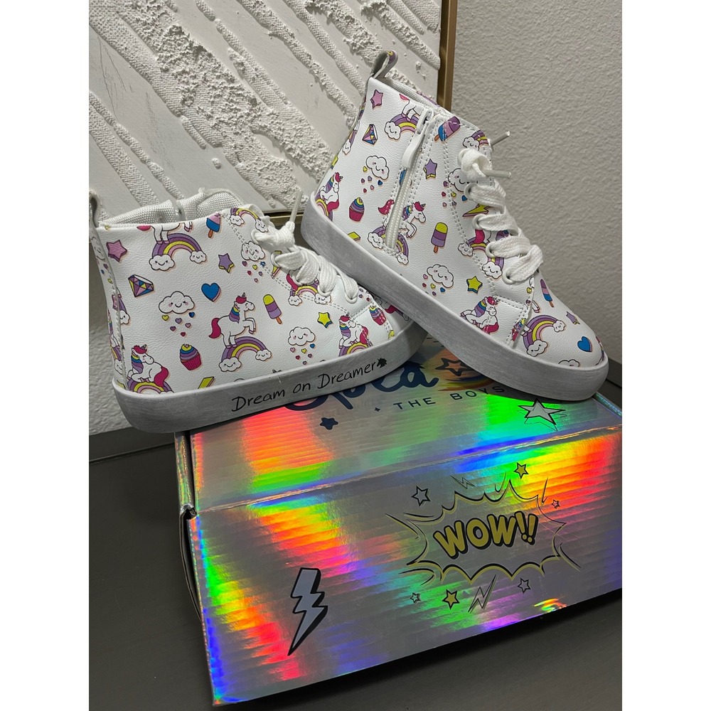 Lola + The Boys Dreamer Doodle High-tops Unicorn Rainbow Sneakers NWT 4Y 35